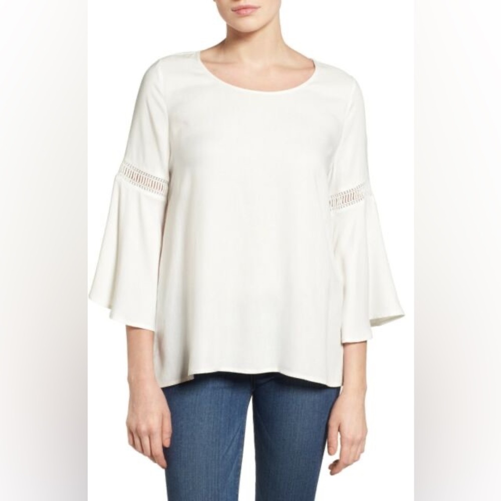 Pleione Woman's White Lace Inset Bell Sleeve Blouse